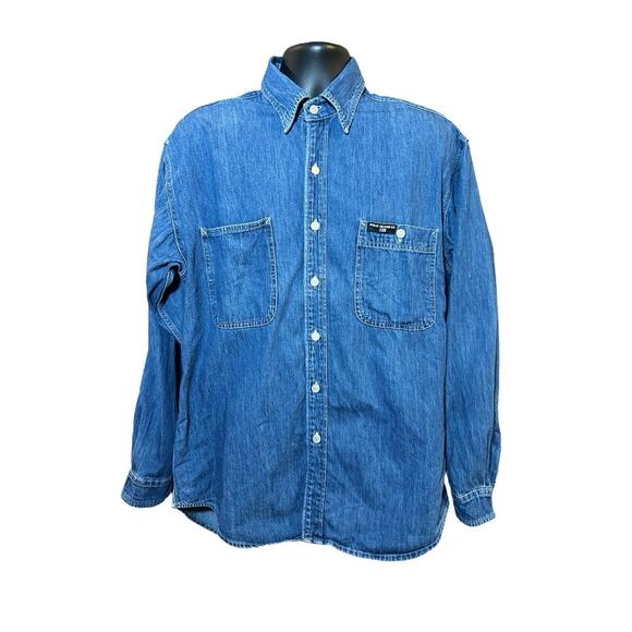 Polo Jeans Co Ralph Lauren Denim‎ Worker Shirt Men’s L USA Flag Patch Vintage - Picture 1 of 13